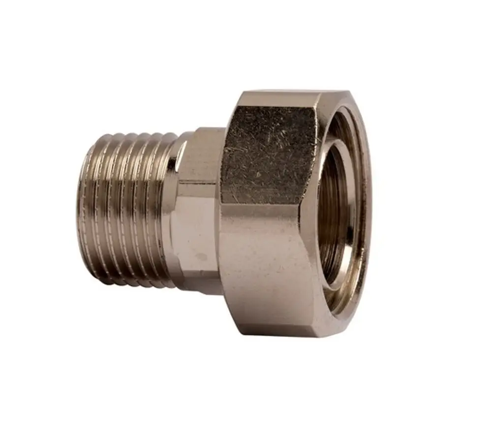 Anschnitt einer vernickelten Verbindungsteile, mit einem Außengewinde auf der einen und einem Innengewinde auf der anderen Seite. Hersteller: IMI Hydronic Engineering.